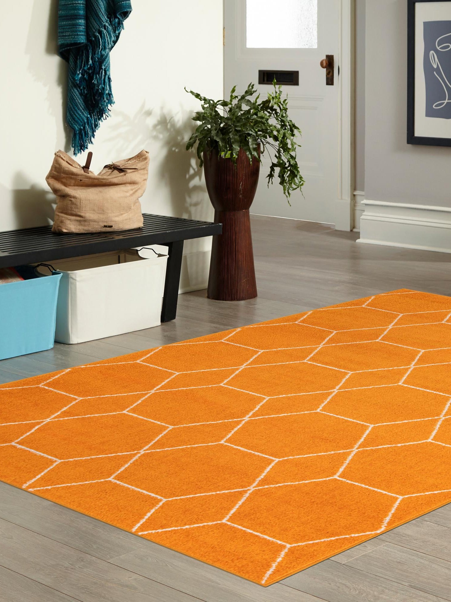 Orange 7' 10 x 10' Trellis Frieze Rectangle Area Rug Geometric Modern Unique Stain Resistant Easy Clean Carpet for Living, Dining, Bedrooms, Office for Sale at Rug Engine
