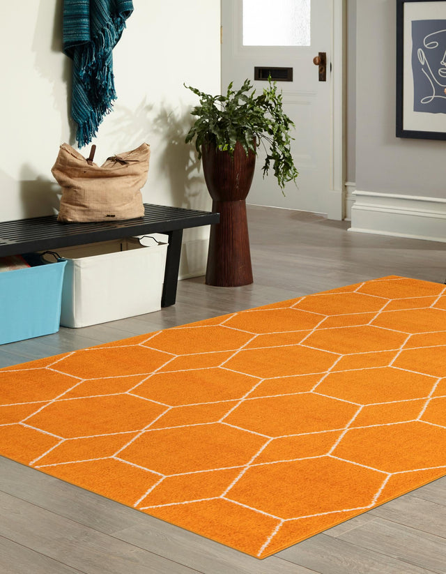 Orange 7' 10 x 11' Trellis Frieze Rectangle Area Rug Geometric Modern Unique Stain Resistant Easy Clean Carpet for Living, Dining, Bedrooms, Office for Sale at Rug Engine
