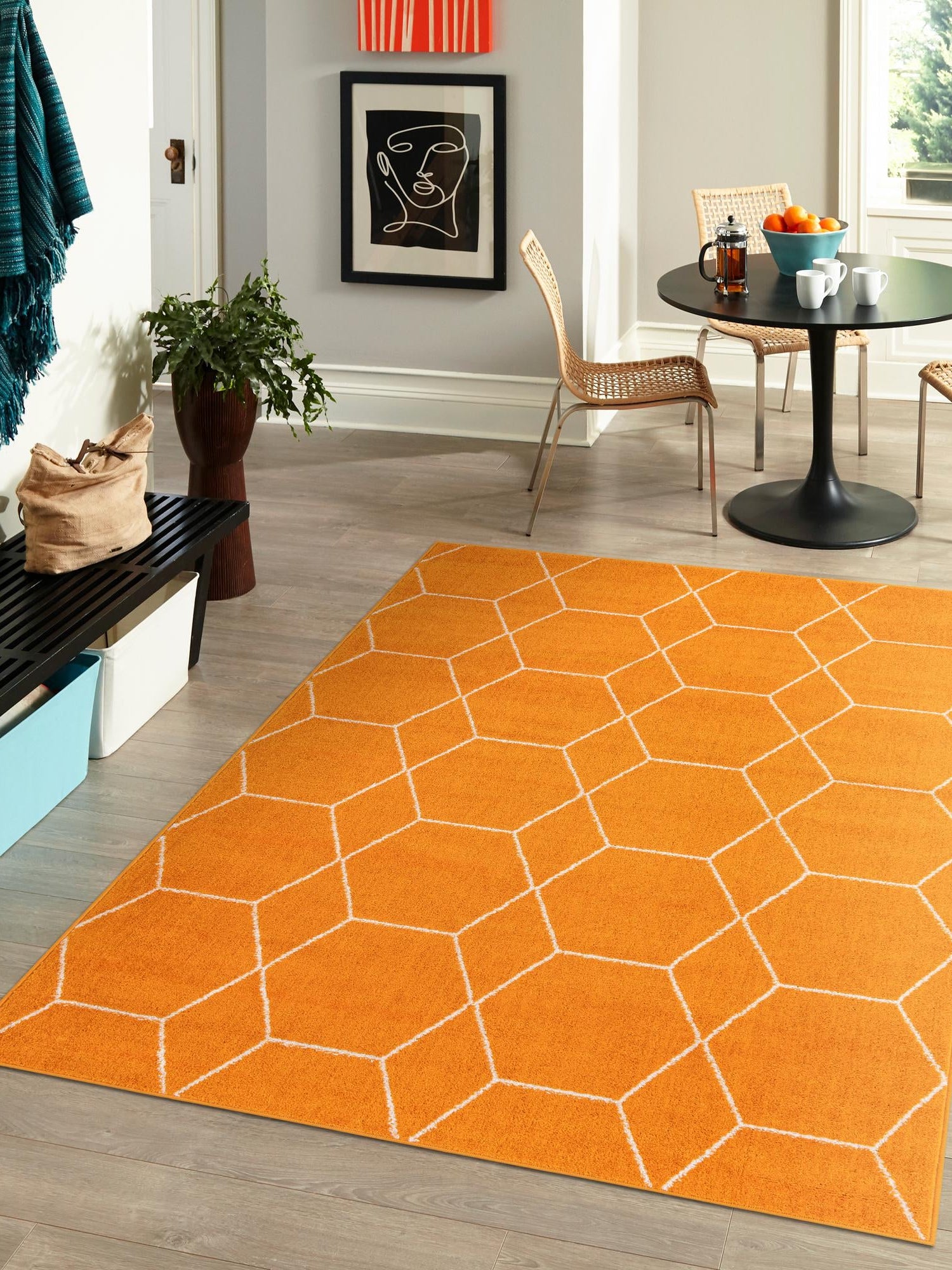 Orange 7' 10 x 11' Trellis Frieze Rectangle Area Rug Geometric Modern Unique Stain Resistant Easy Clean Carpet for Living, Dining, Bedrooms, Office for Sale at Rug Engine