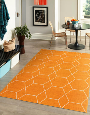 Orange 7' 10 x 11' Trellis Frieze Rectangle Area Rug Geometric Modern Unique Stain Resistant Easy Clean Carpet for Living, Dining, Bedrooms, Office for Sale at Rug Engine