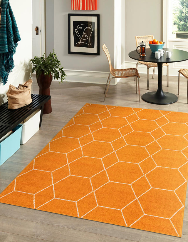 Orange 6' 1 x 9' Trellis Frieze Rectangle Area Rug Geometric Modern Unique Stain Resistant Easy Clean Carpet for Living, Dining, Bedrooms, Office for Sale at Rug Engine