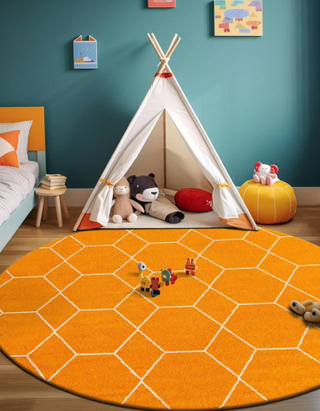 Orange 7' 10 x 7' 10 Trellis Frieze Round Area Rug Geometric Modern Unique Stain Resistant Easy Clean Carpet for Living, Dining, Bedrooms, Office for Sale at Rug Engine