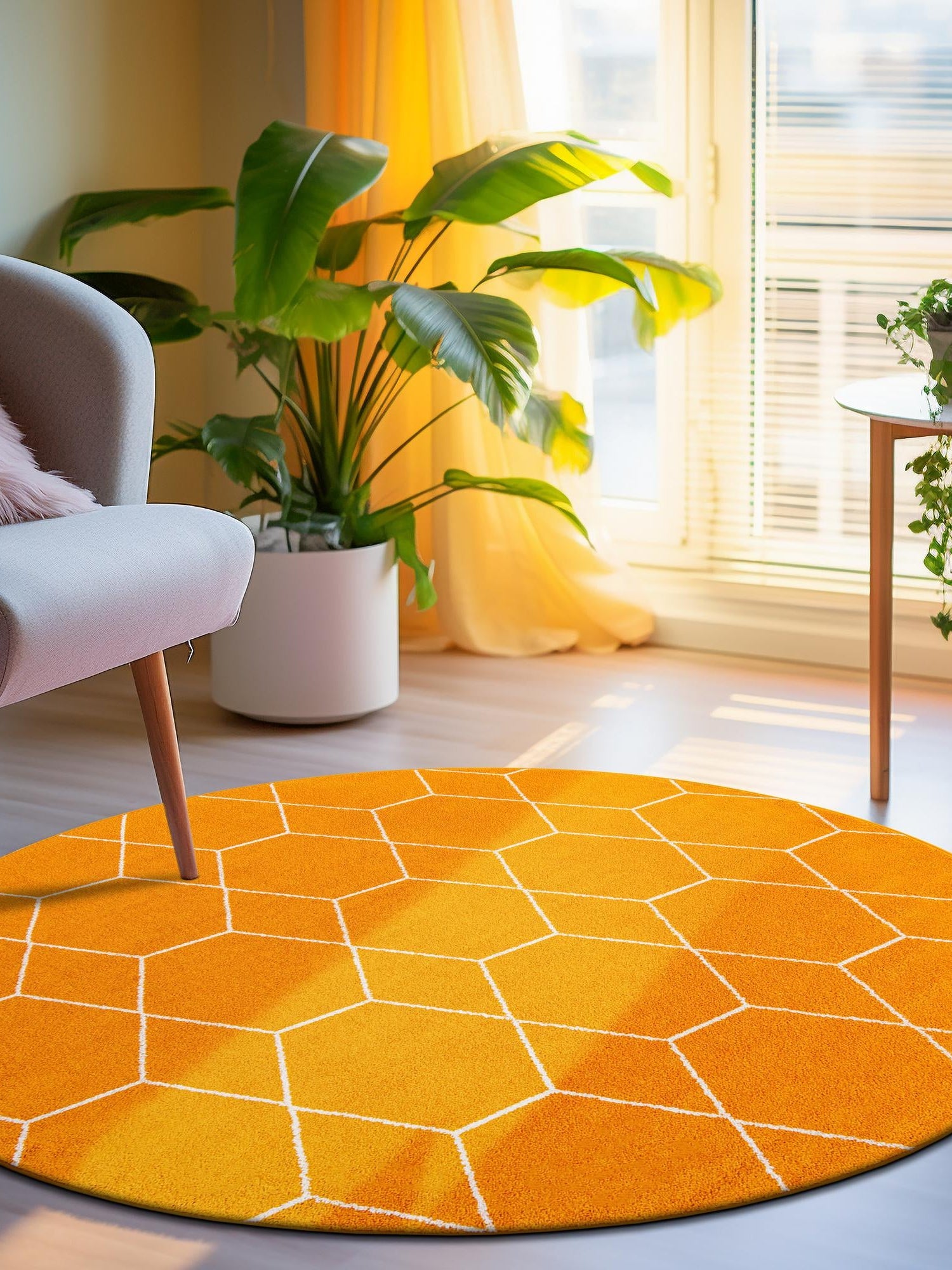 Orange 7' 10 x 7' 10 Trellis Frieze Round Area Rug Geometric Modern Unique Stain Resistant Easy Clean Carpet for Living, Dining, Bedrooms, Office for Sale at Rug Engine