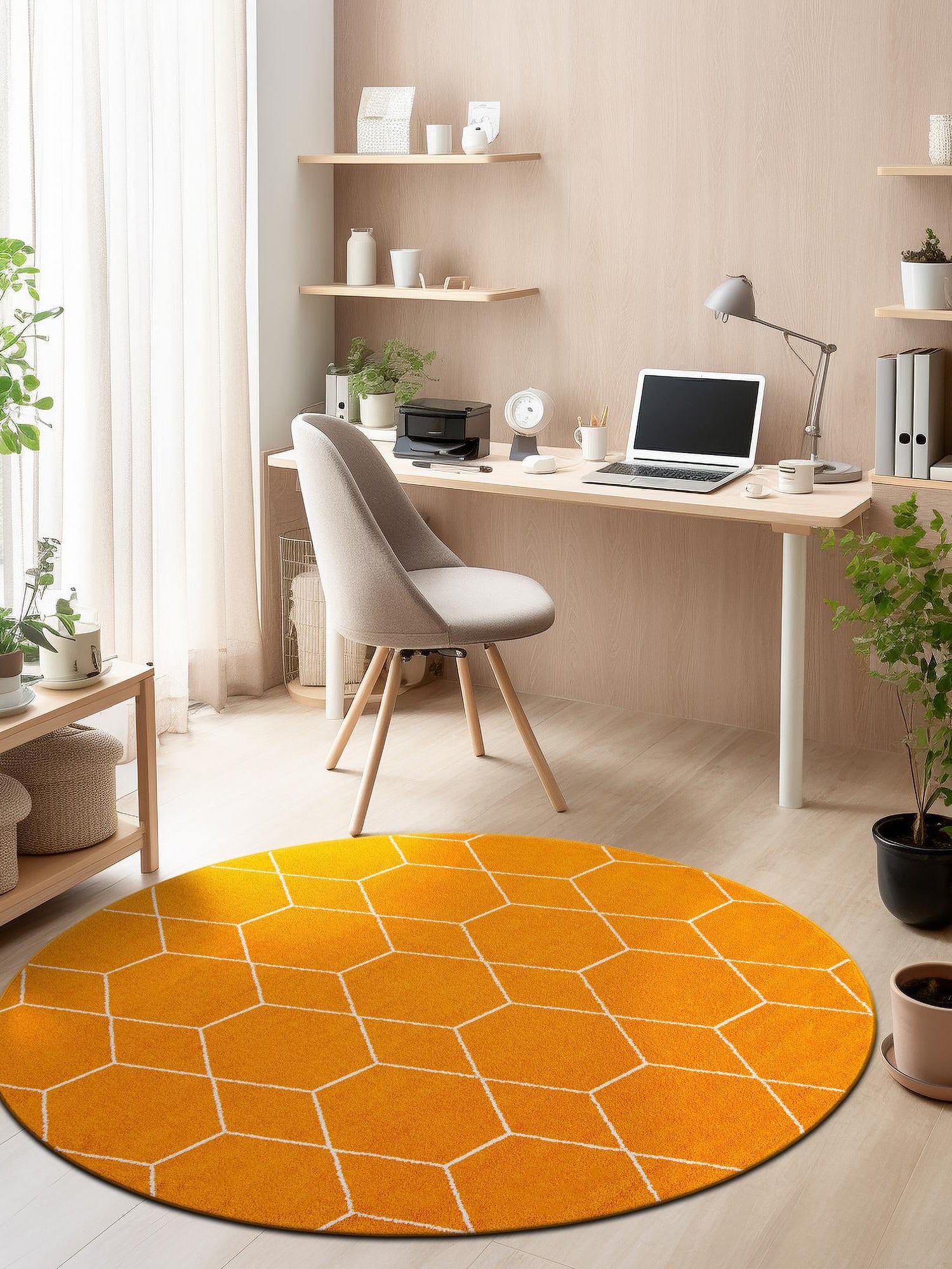 Orange 7' 10 x 7' 10 Trellis Frieze Round Area Rug Geometric Modern Unique Stain Resistant Easy Clean Carpet for Living, Dining, Bedrooms, Office for Sale at Rug Engine