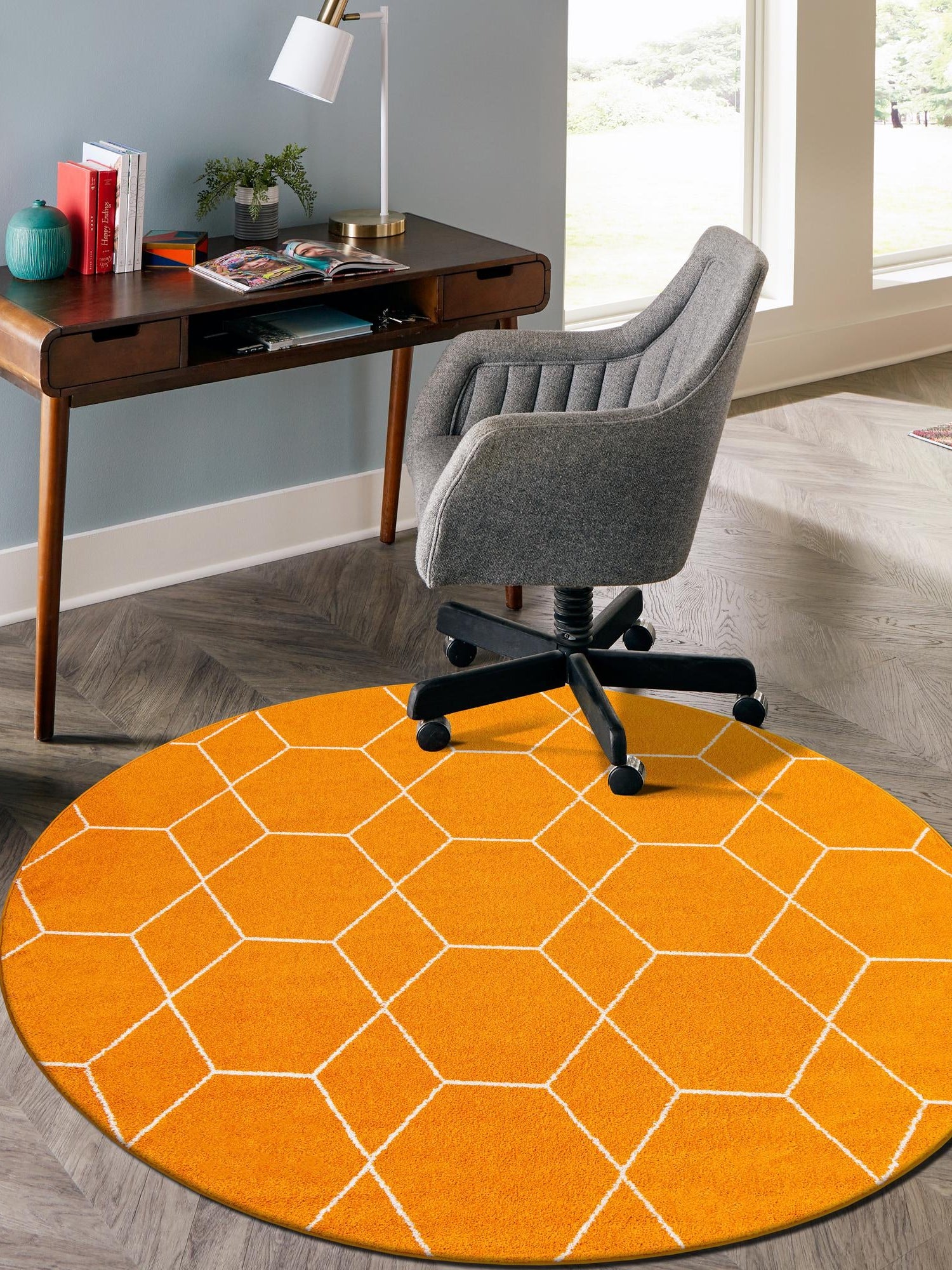 Orange 7' 10 x 7' 10 Trellis Frieze Round Area Rug Geometric Modern Unique Stain Resistant Easy Clean Carpet for Living, Dining, Bedrooms, Office for Sale at Rug Engine