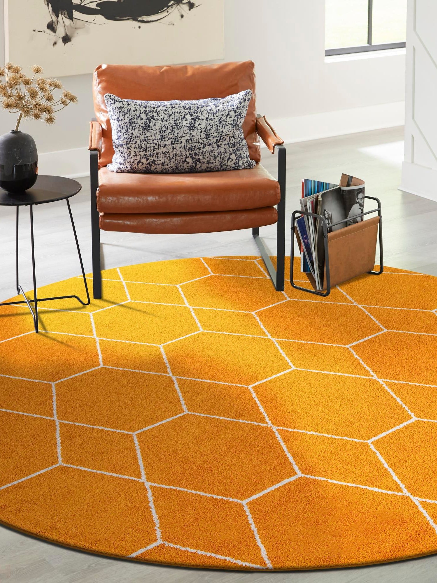 Orange 7' 10 x 7' 10 Trellis Frieze Round Area Rug Geometric Modern Unique Stain Resistant Easy Clean Carpet for Living, Dining, Bedrooms, Office for Sale at Rug Engine