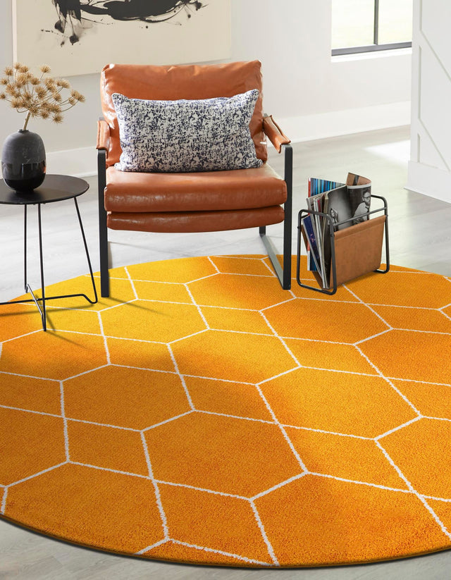 Orange 7' 10 x 7' 10 Trellis Frieze Round Area Rug Geometric Modern Unique Stain Resistant Easy Clean Carpet for Living, Dining, Bedrooms, Office for Sale at Rug Engine