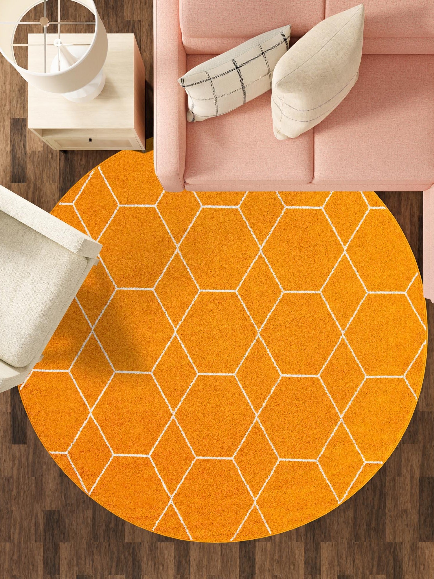 Orange 7' 10 x 7' 10 Trellis Frieze Round Area Rug Geometric Modern Unique Stain Resistant Easy Clean Carpet for Living, Dining, Bedrooms, Office for Sale at Rug Engine