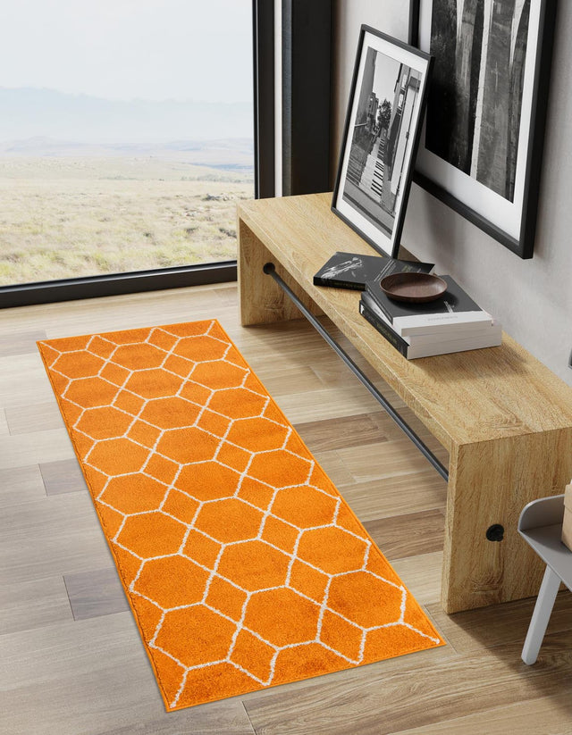 Orange 2' x 9' Trellis Frieze Runner Area Rug Geometric Modern Unique Stain Resistant Easy Clean Carpet for Living, Dining, Bedrooms, Office for Sale at Rug Engine