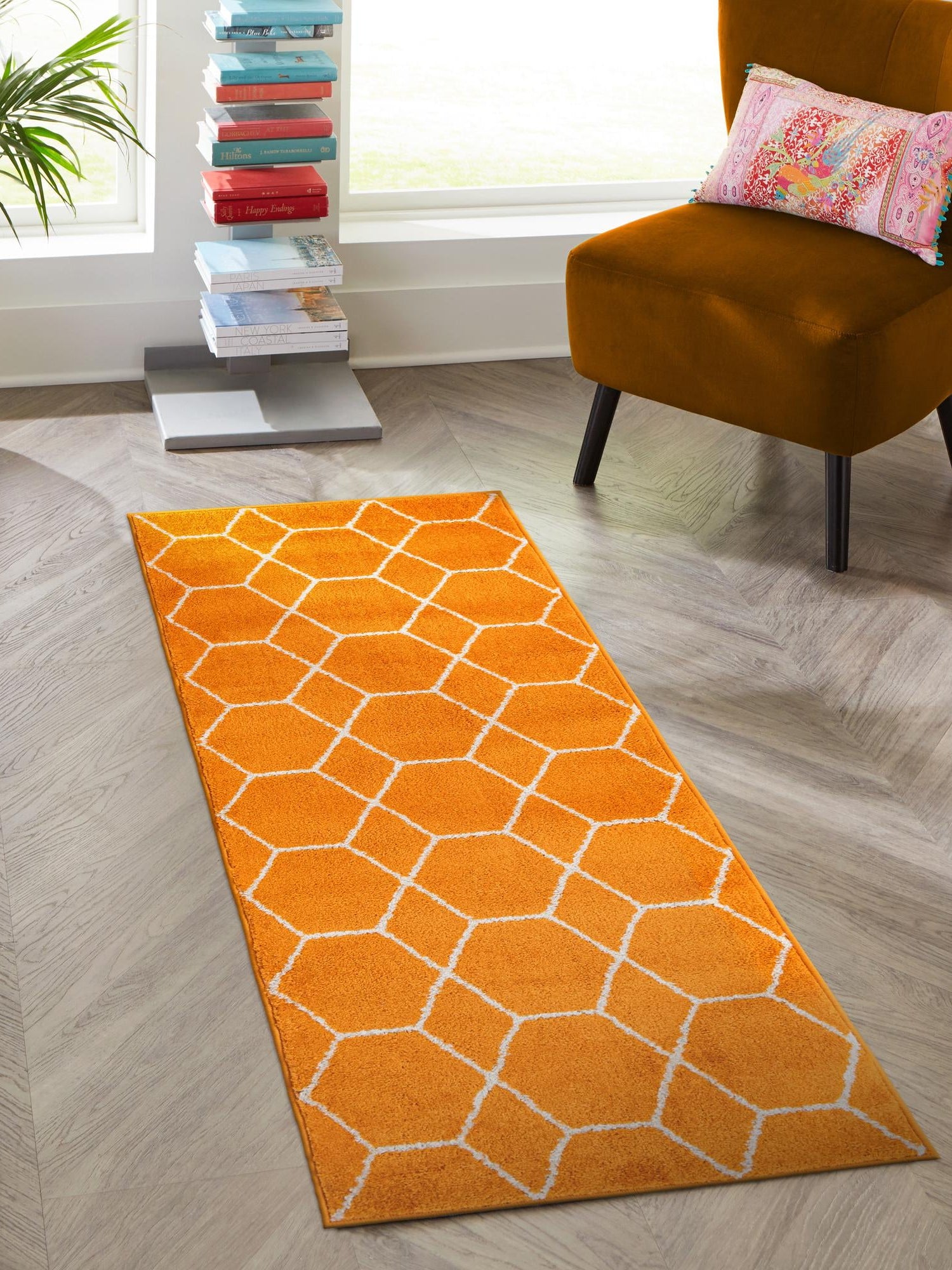 Orange 2' x 9' Trellis Frieze Runner Area Rug Geometric Modern Unique Stain Resistant Easy Clean Carpet for Living, Dining, Bedrooms, Office for Sale at Rug Engine