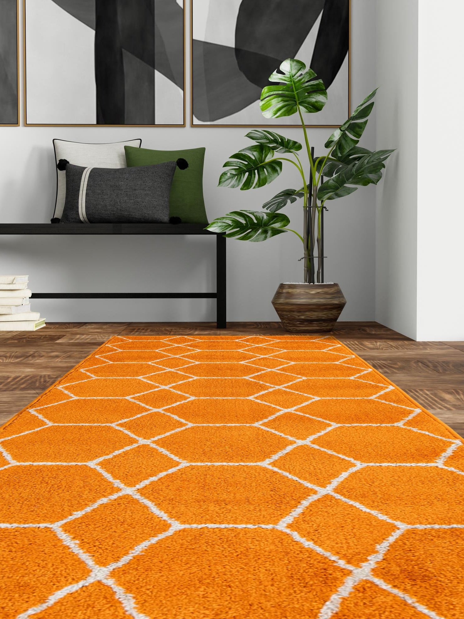 Orange 2' x 9' Trellis Frieze Runner Area Rug Geometric Modern Unique Stain Resistant Easy Clean Carpet for Living, Dining, Bedrooms, Office for Sale at Rug Engine