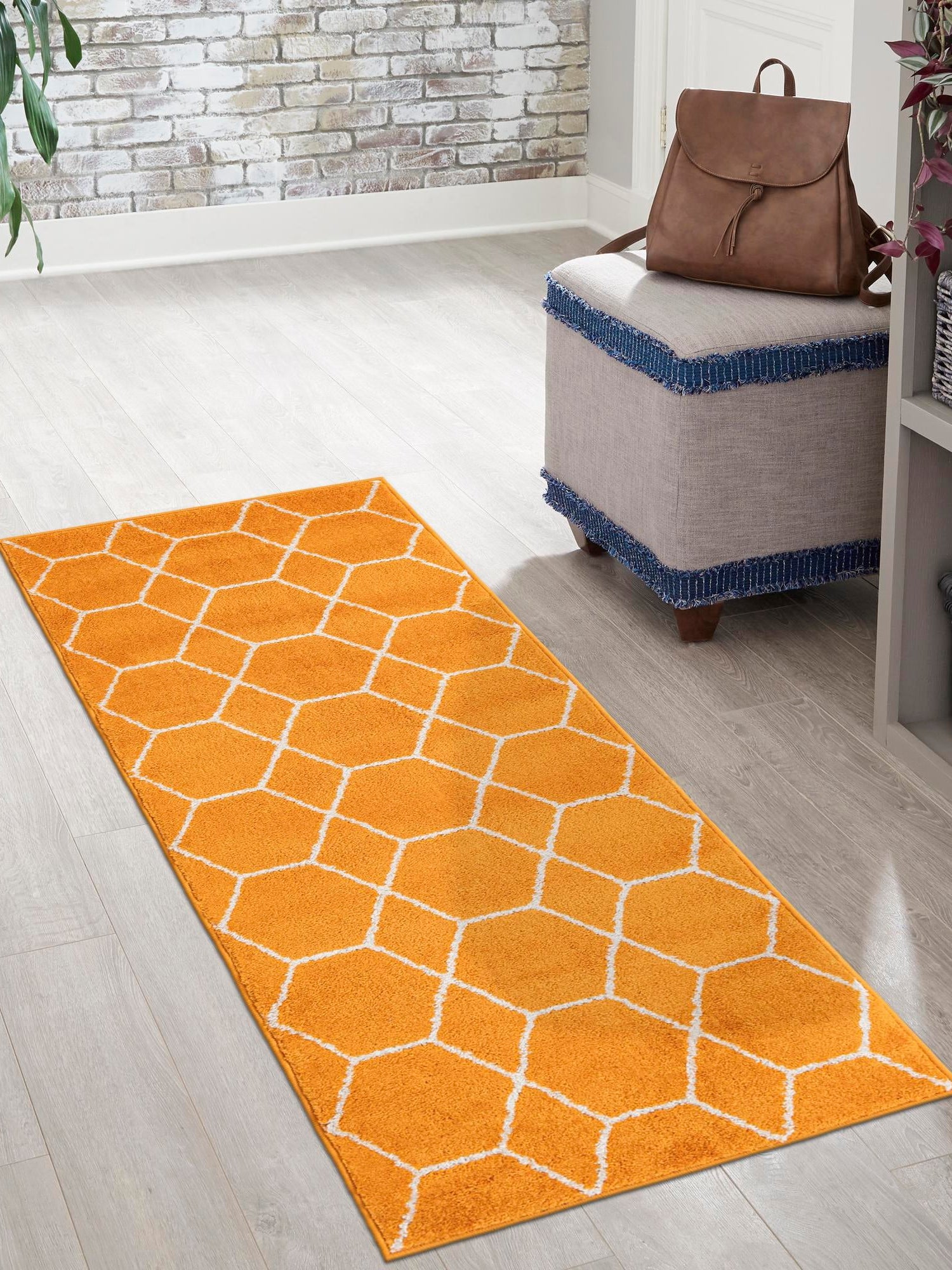 Orange 2' x 13' 1 Trellis Frieze Runner Area Rug Geometric Modern Unique Stain Resistant Easy Clean Carpet for Living, Dining, Bedrooms, Office for Sale at Rug Engine