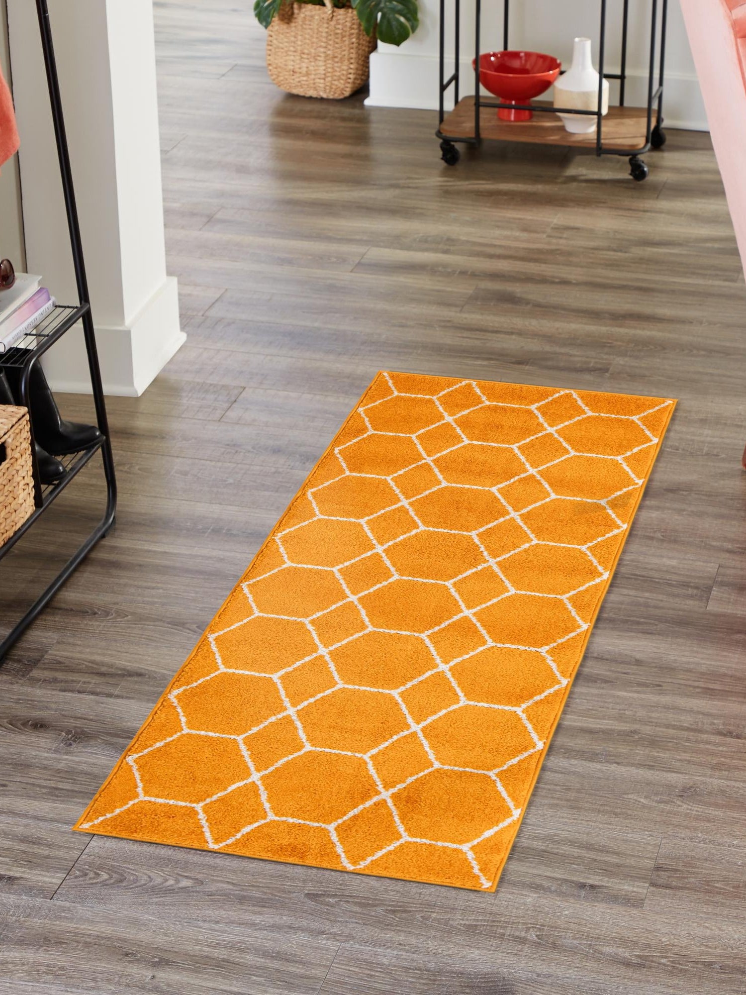 Orange 2' x 13' 1 Trellis Frieze Runner Area Rug Geometric Modern Unique Stain Resistant Easy Clean Carpet for Living, Dining, Bedrooms, Office for Sale at Rug Engine