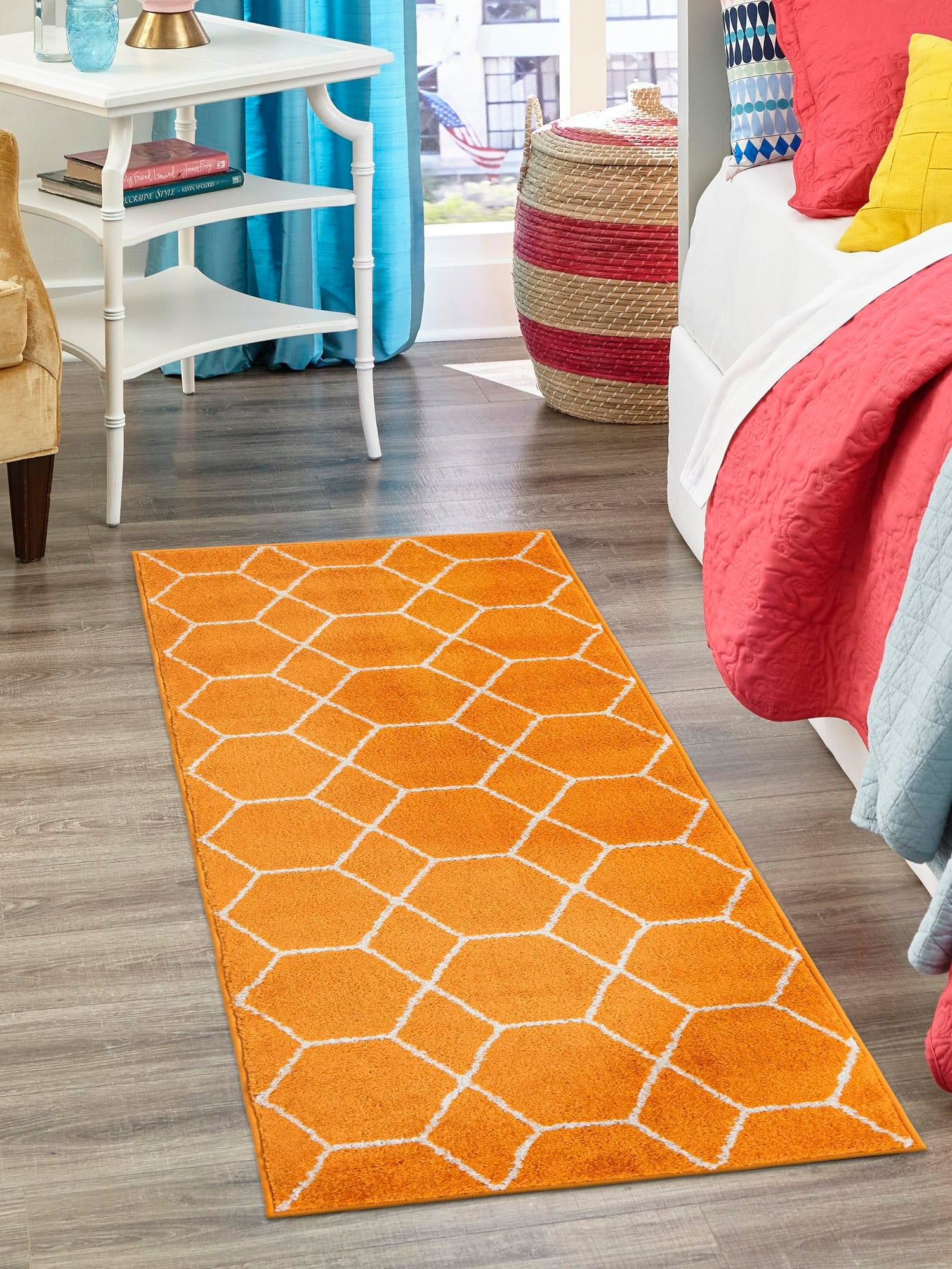 Orange 2' x 13' 1 Trellis Frieze Runner Area Rug Geometric Modern Unique Stain Resistant Easy Clean Carpet for Living, Dining, Bedrooms, Office for Sale at Rug Engine