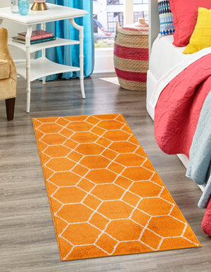 Orange 2' x 9' Trellis Frieze Runner Area Rug Geometric Modern Unique Stain Resistant Easy Clean Carpet for Living, Dining, Bedrooms, Office for Sale at Rug Engine