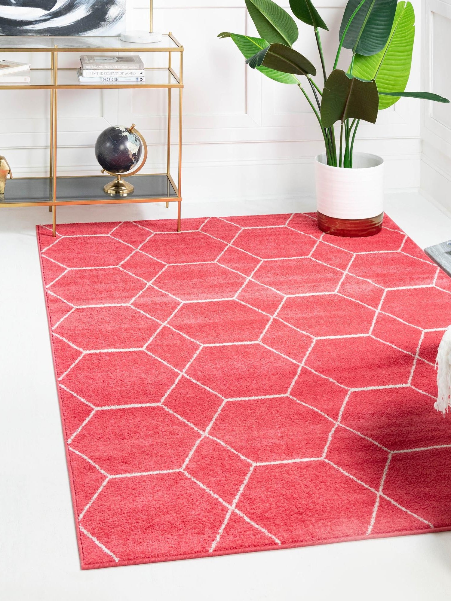 Pink 4' 1 x 6' 1 Trellis Frieze Rectangle Area Rug Geometric Modern Unique Stain Resistant Easy Clean Carpet for Living, Dining, Bedrooms, Office for Sale at Rug Engine