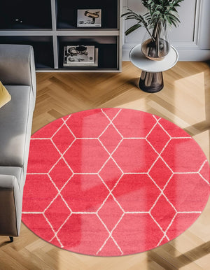 Pink 4' 1 x 4' 1 Trellis Frieze Round Area Rug Geometric Modern Unique Stain Resistant Easy Clean Carpet for Living, Dining, Bedrooms, Office for Sale at Rug Engine