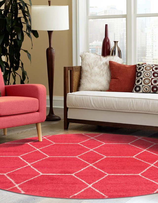 Pink 4' 1 x 4' 1 Trellis Frieze Round Area Rug Geometric Modern Unique Stain Resistant Easy Clean Carpet for Living, Dining, Bedrooms, Office for Sale at Rug Engine