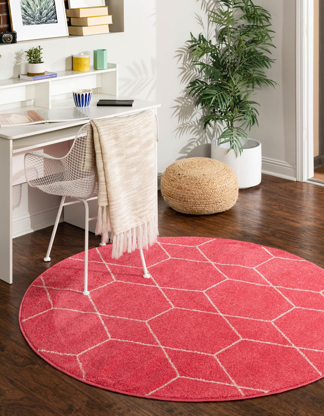 Pink 4' 1 x 4' 1 Trellis Frieze Round Area Rug Geometric Modern Unique Stain Resistant Easy Clean Carpet for Living, Dining, Bedrooms, Office for Sale at Rug Engine