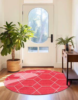 Pink 4' 1 x 4' 1 Trellis Frieze Round Area Rug Geometric Modern Unique Stain Resistant Easy Clean Carpet for Living, Dining, Bedrooms, Office for Sale at Rug Engine