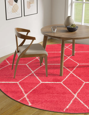 Pink 4' 1 x 4' 1 Trellis Frieze Round Area Rug Geometric Modern Unique Stain Resistant Easy Clean Carpet for Living, Dining, Bedrooms, Office for Sale at Rug Engine