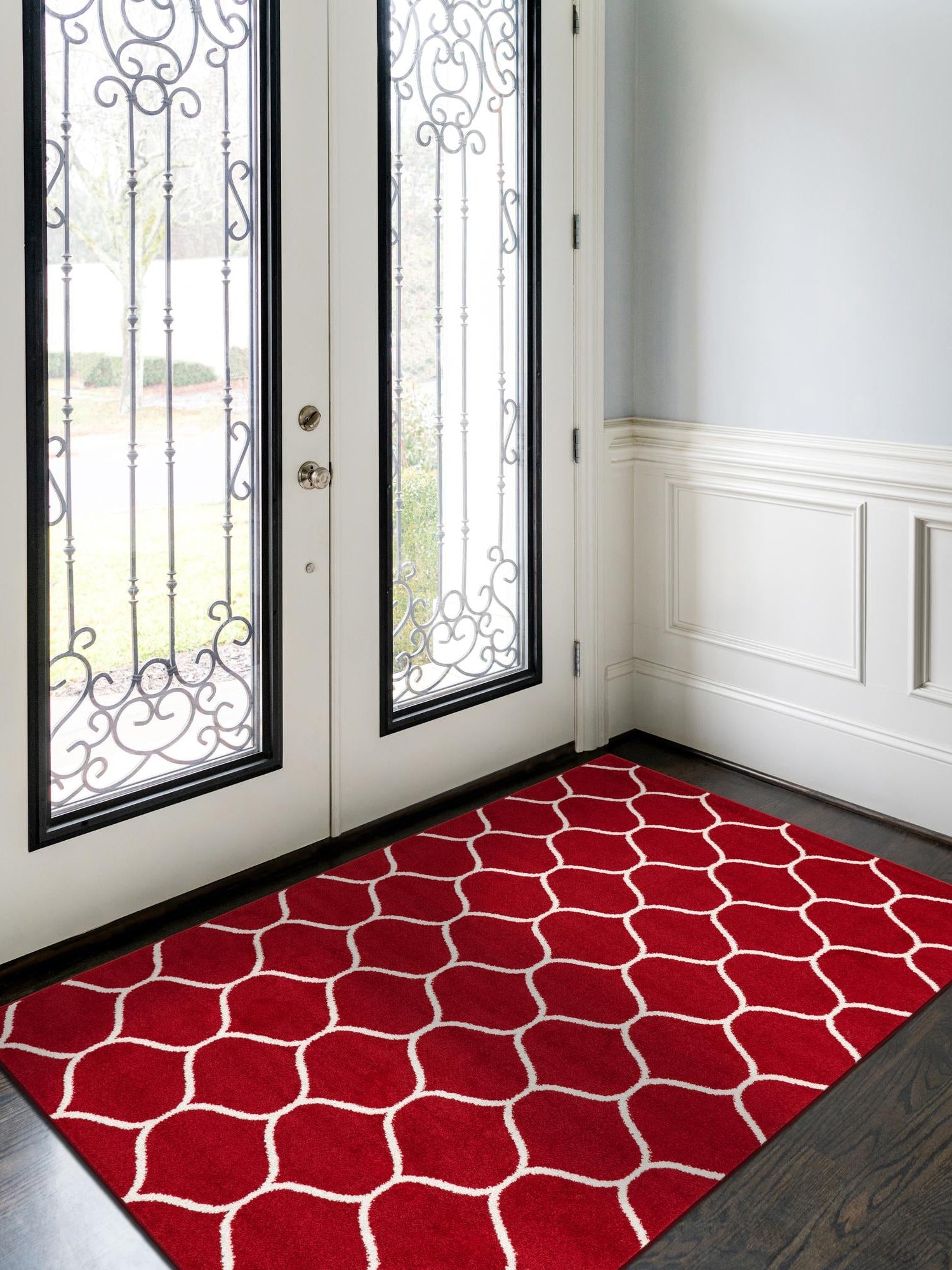 Red 5' 3 x 8' Trellis Frieze Rectangle Area Rug Geometric Modern Unique Stain Resistant Easy Clean Carpet for Living, Dining, Bedrooms, Office for Sale at Rug Engine