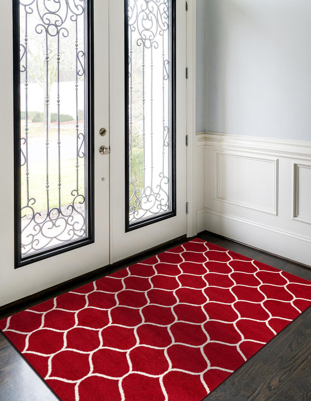 Red 6' 1 x 9' Trellis Frieze Rectangle Area Rug Geometric Modern Unique Stain Resistant Easy Clean Carpet for Living, Dining, Bedrooms, Office for Sale at Rug Engine