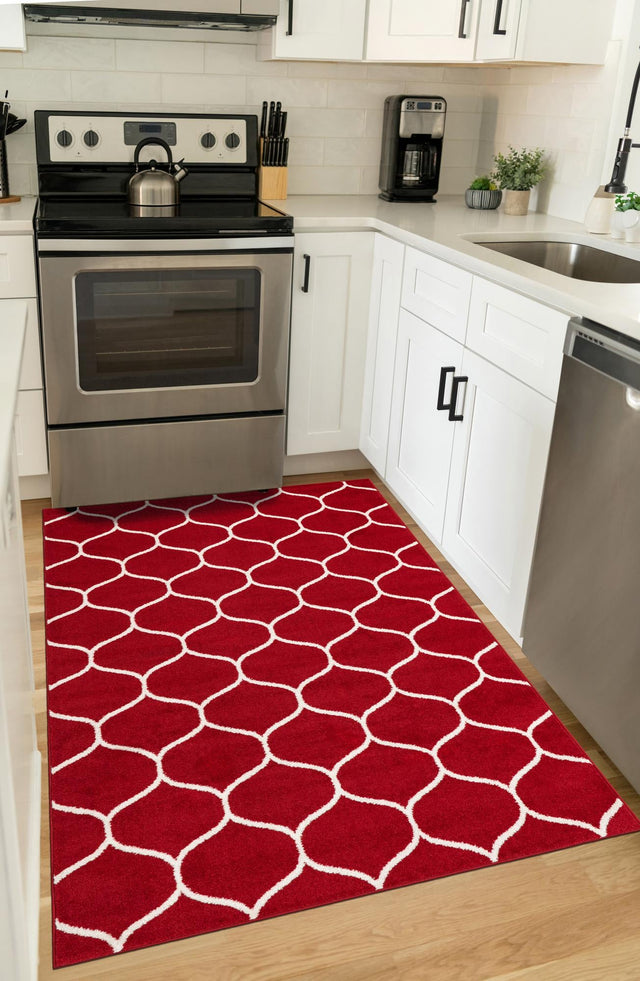 Red 5' 3 x 8' Trellis Frieze Rectangle Area Rug Geometric Modern Unique Stain Resistant Easy Clean Carpet for Living, Dining, Bedrooms, Office for Sale at Rug Engine