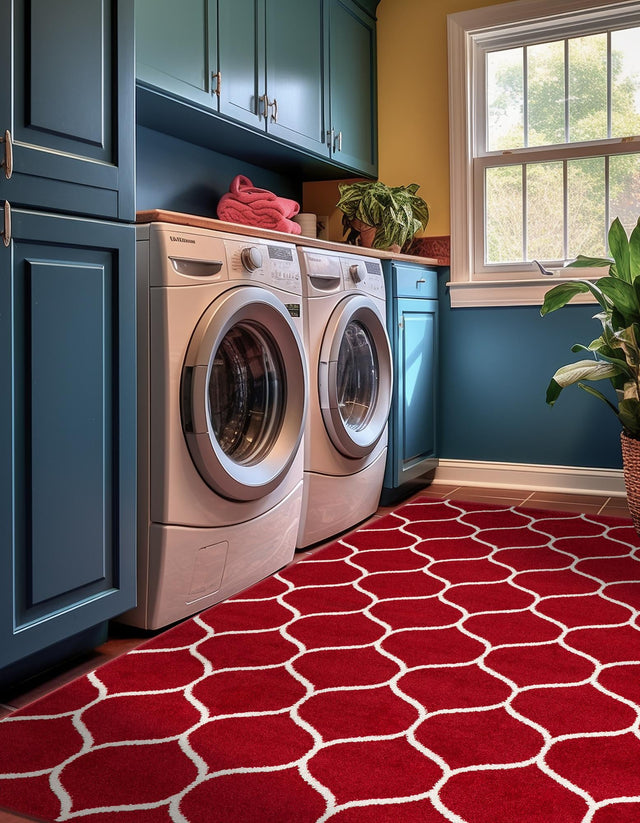 Red 3' 1 x 5' 3 Trellis Frieze Rectangle Area Rug Geometric Modern Unique Stain Resistant Easy Clean Carpet for Living, Dining, Bedrooms, Office for Sale at Rug Engine