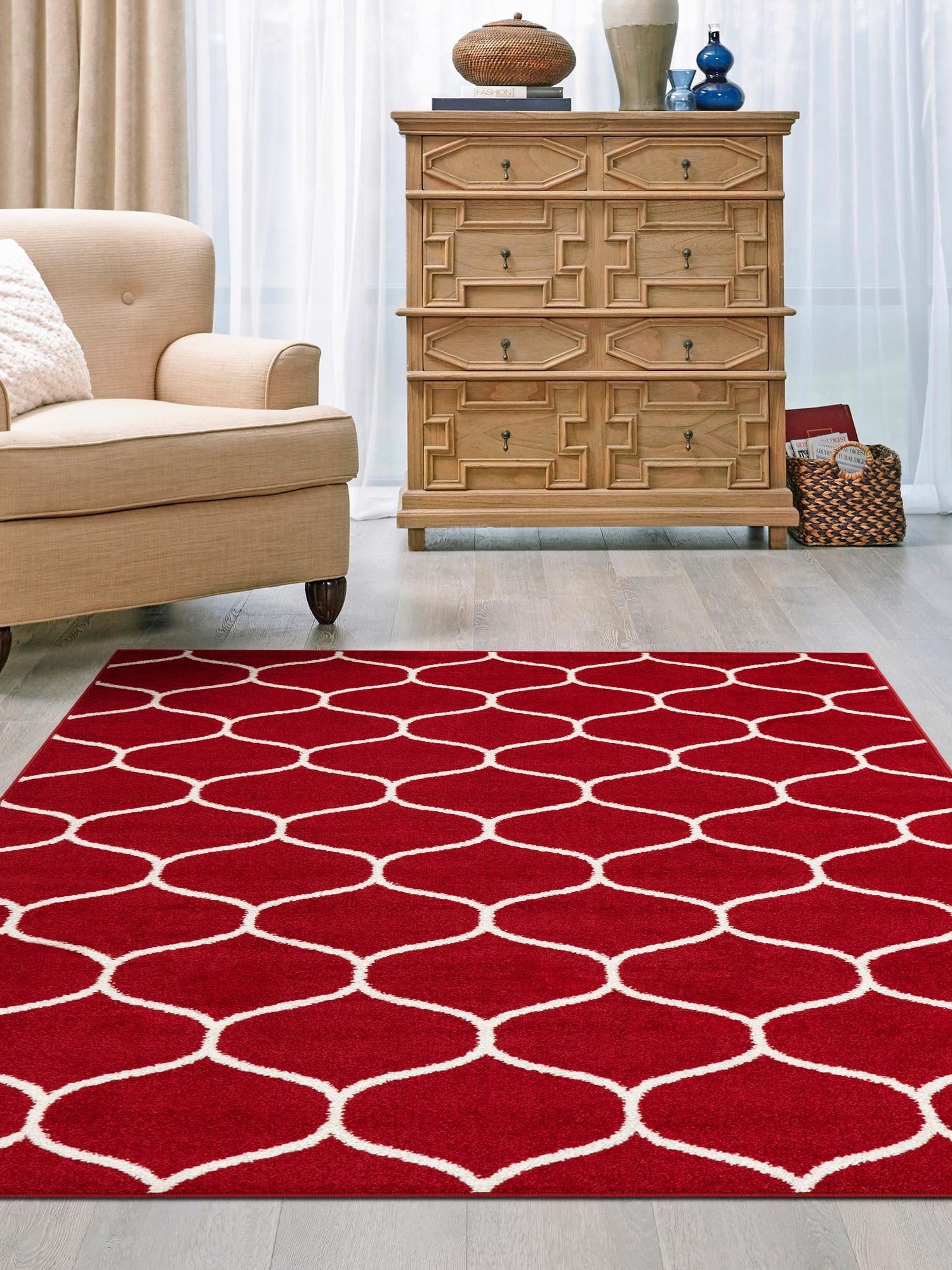 Red 4' 1 x 6' 1 Trellis Frieze Rectangle Area Rug Geometric Modern Unique Stain Resistant Easy Clean Carpet for Living, Dining, Bedrooms, Office for Sale at Rug Engine