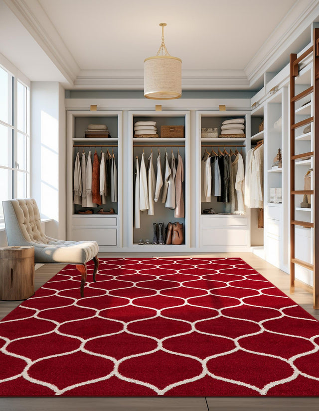 Red 7' 1 x 10' Trellis Frieze Rectangle Area Rug Geometric Modern Unique Stain Resistant Easy Clean Carpet for Living, Dining, Bedrooms, Office for Sale at Rug Engine