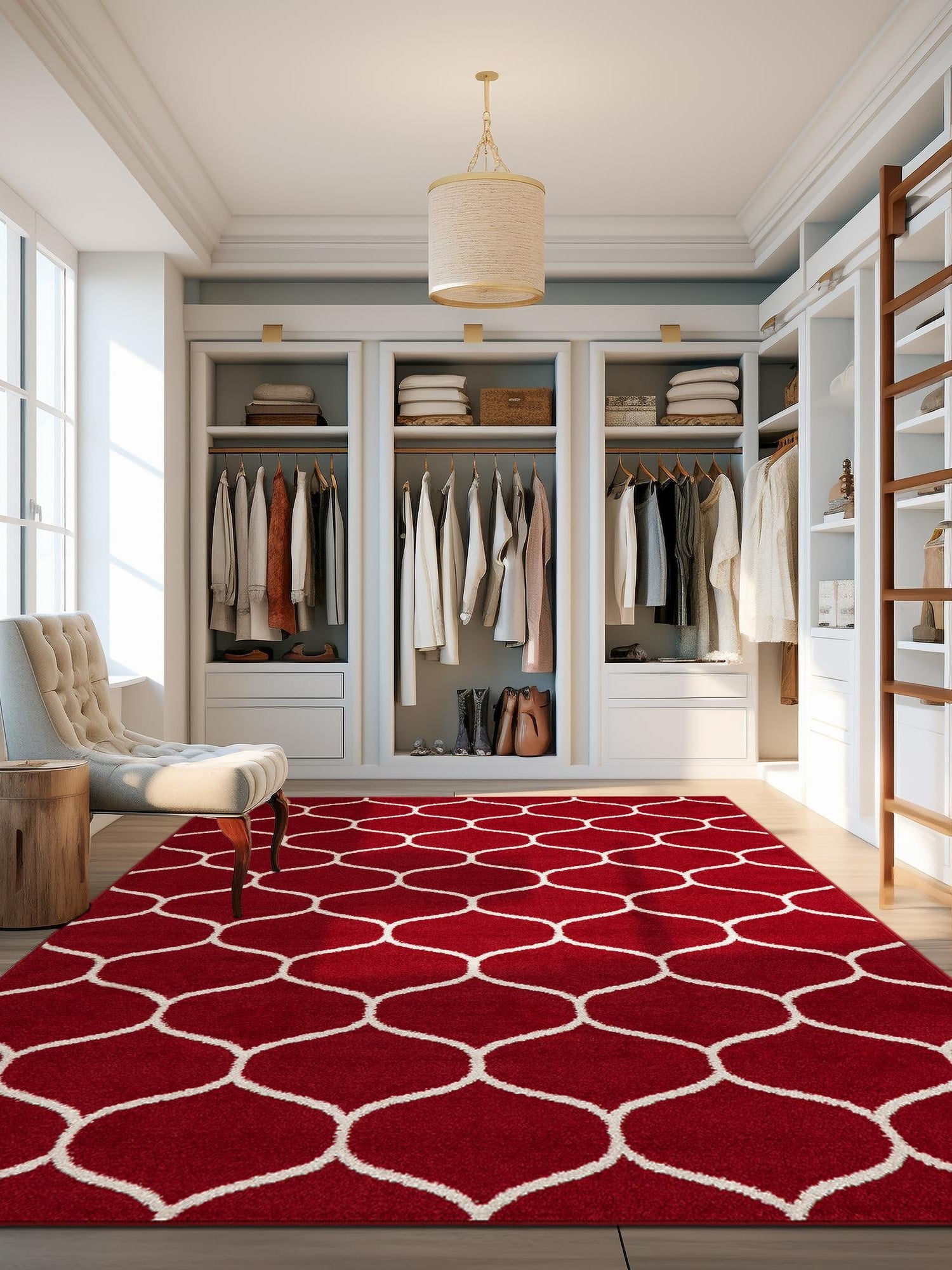 Red 7' 10 x 10' Trellis Frieze Rectangle Area Rug Geometric Modern Unique Stain Resistant Easy Clean Carpet for Living, Dining, Bedrooms, Office for Sale at Rug Engine