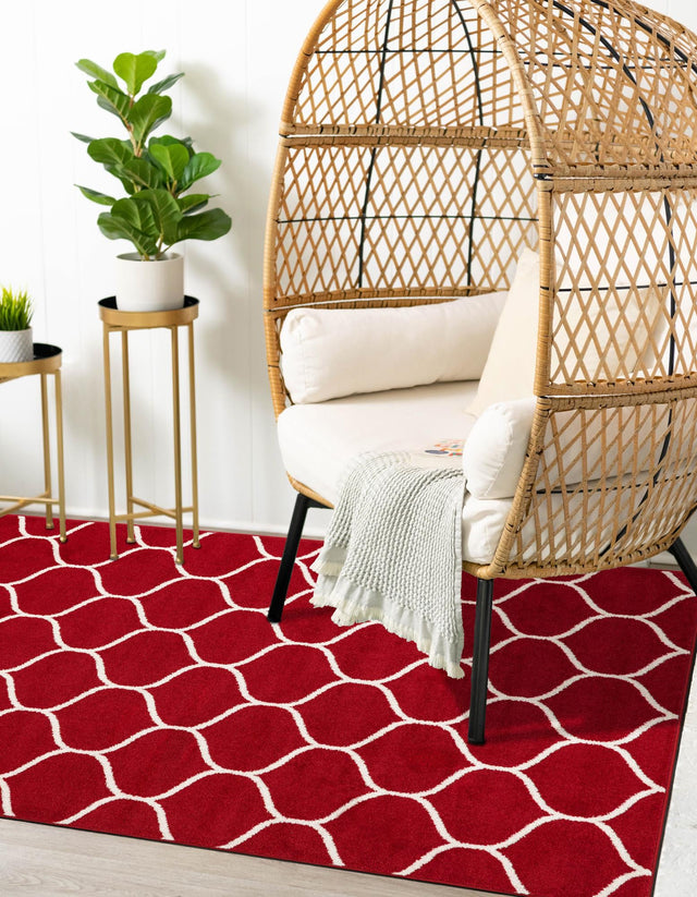Red 7' 10 x 10' Trellis Frieze Rectangle Area Rug Geometric Modern Unique Stain Resistant Easy Clean Carpet for Living, Dining, Bedrooms, Office for Sale at Rug Engine