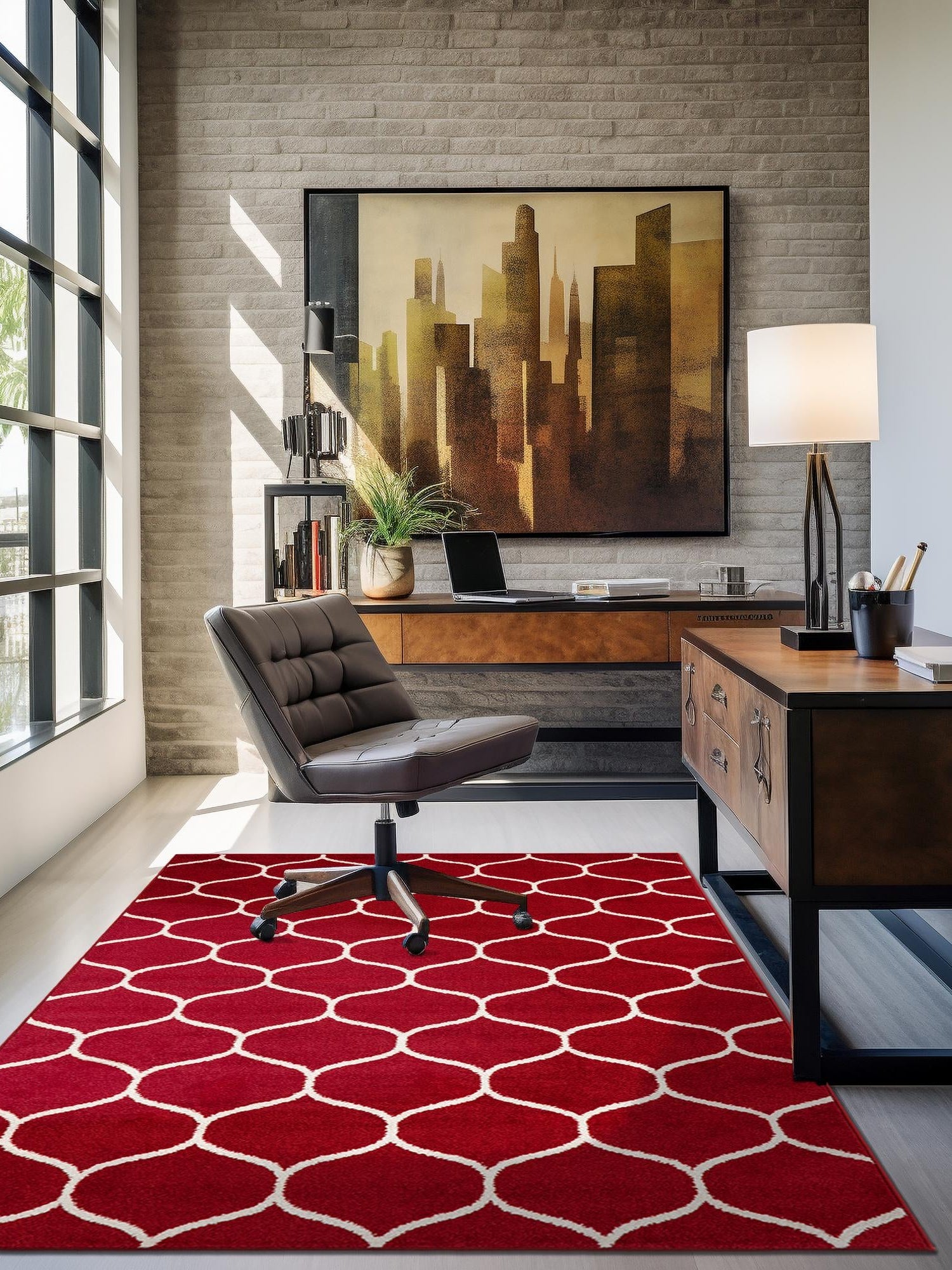 Red 3' 1 x 5' 3 Trellis Frieze Rectangle Area Rug Geometric Modern Unique Stain Resistant Easy Clean Carpet for Living, Dining, Bedrooms, Office for Sale at Rug Engine