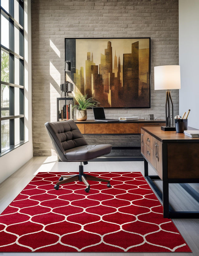 Red 7' 1 x 10' Trellis Frieze Rectangle Area Rug Geometric Modern Unique Stain Resistant Easy Clean Carpet for Living, Dining, Bedrooms, Office for Sale at Rug Engine