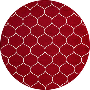Red 7' 10 x 7' 10 Trellis Frieze Round Area Rug Geometric Modern Unique Stain Resistant Easy Clean Carpet for Living, Dining, Bedrooms, Office for Sale at Rug Engine