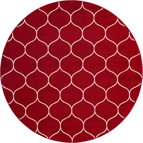 Red 7' 10 x 7' 10 Trellis Frieze Round Area Rug Geometric Modern Unique Stain Resistant Easy Clean Carpet for Living, Dining, Bedrooms, Office for Sale at Rug Engine