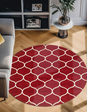 Red 7' 10 x 7' 10 Trellis Frieze Round Area Rug Geometric Modern Unique Stain Resistant Easy Clean Carpet for Living, Dining, Bedrooms, Office for Sale at Rug Engine