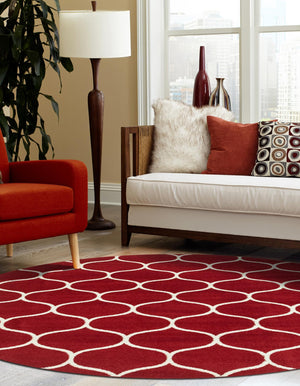 Red 7' 10 x 7' 10 Trellis Frieze Round Area Rug Geometric Modern Unique Stain Resistant Easy Clean Carpet for Living, Dining, Bedrooms, Office for Sale at Rug Engine