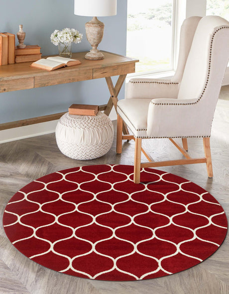 Red 7' 10 x 7' 10 Trellis Frieze Round Area Rug Geometric Modern Unique Stain Resistant Easy Clean Carpet for Living, Dining, Bedrooms, Office for Sale at Rug Engine