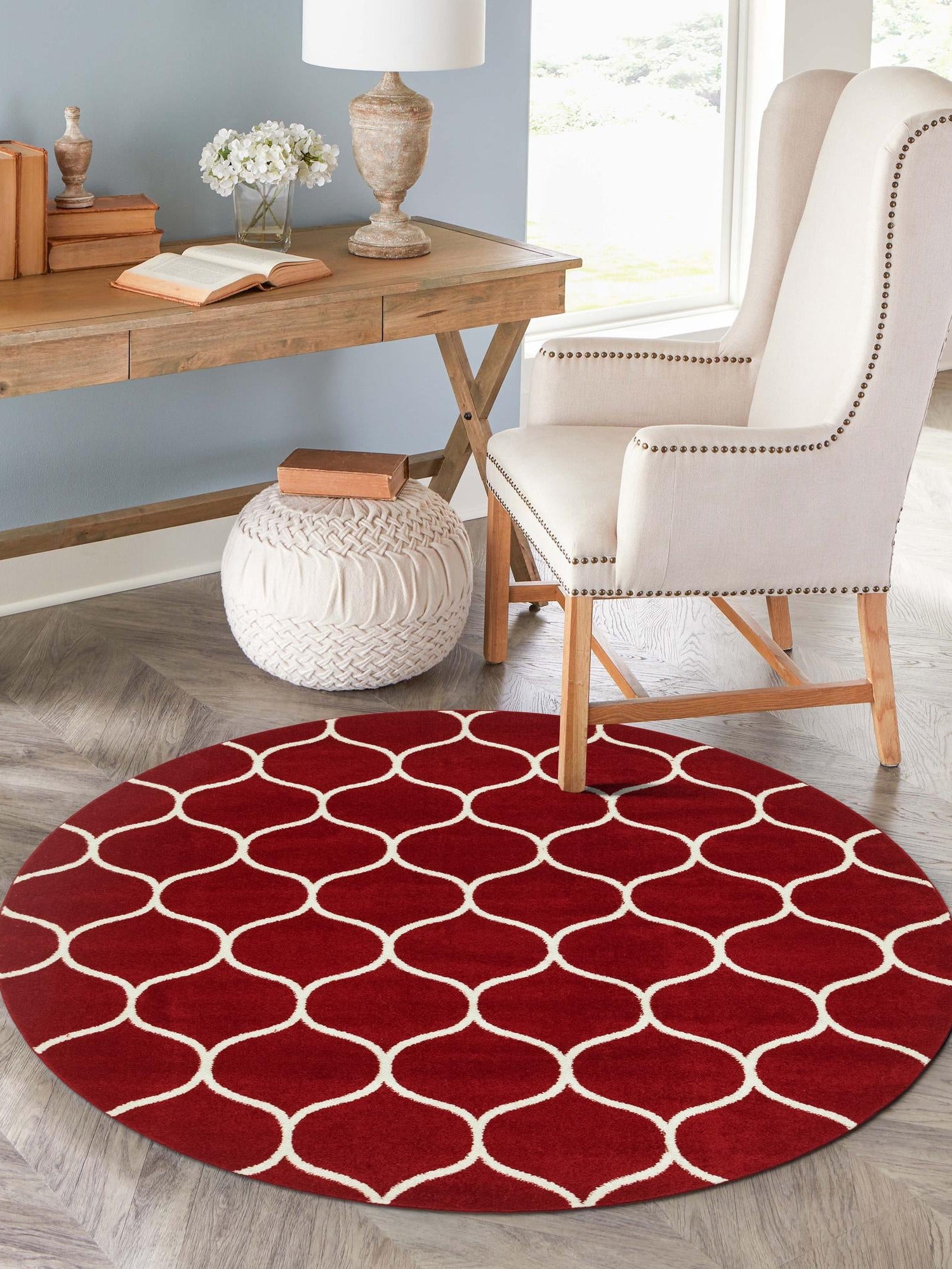 Red 5' 3 x 5' 3 Trellis Frieze Round Area Rug Geometric Modern Unique Stain Resistant Easy Clean Carpet for Living, Dining, Bedrooms, Office for Sale at Rug Engine