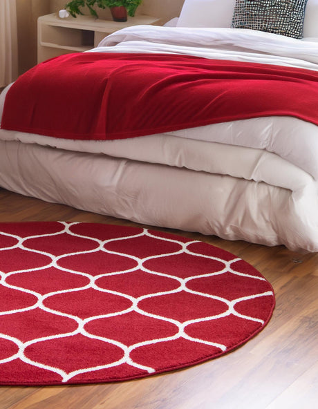 Red 7' 10 x 7' 10 Trellis Frieze Round Area Rug Geometric Modern Unique Stain Resistant Easy Clean Carpet for Living, Dining, Bedrooms, Office for Sale at Rug Engine