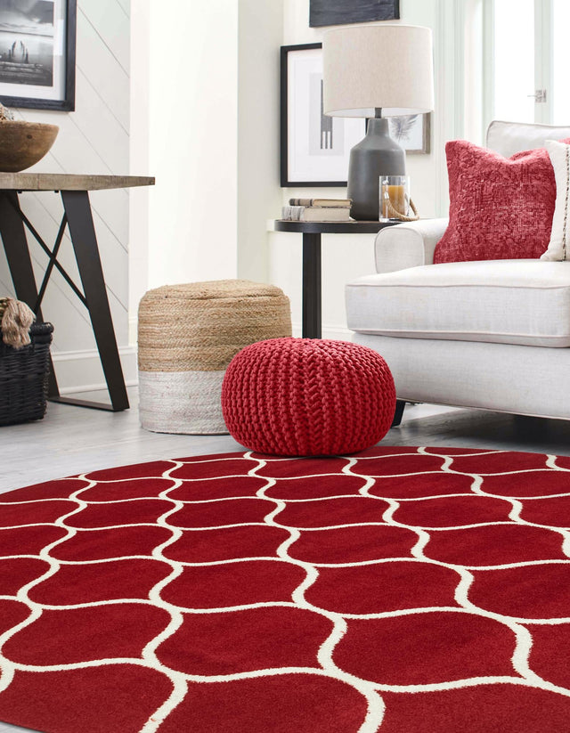 Red 7' 10 x 7' 10 Trellis Frieze Round Area Rug Geometric Modern Unique Stain Resistant Easy Clean Carpet for Living, Dining, Bedrooms, Office for Sale at Rug Engine