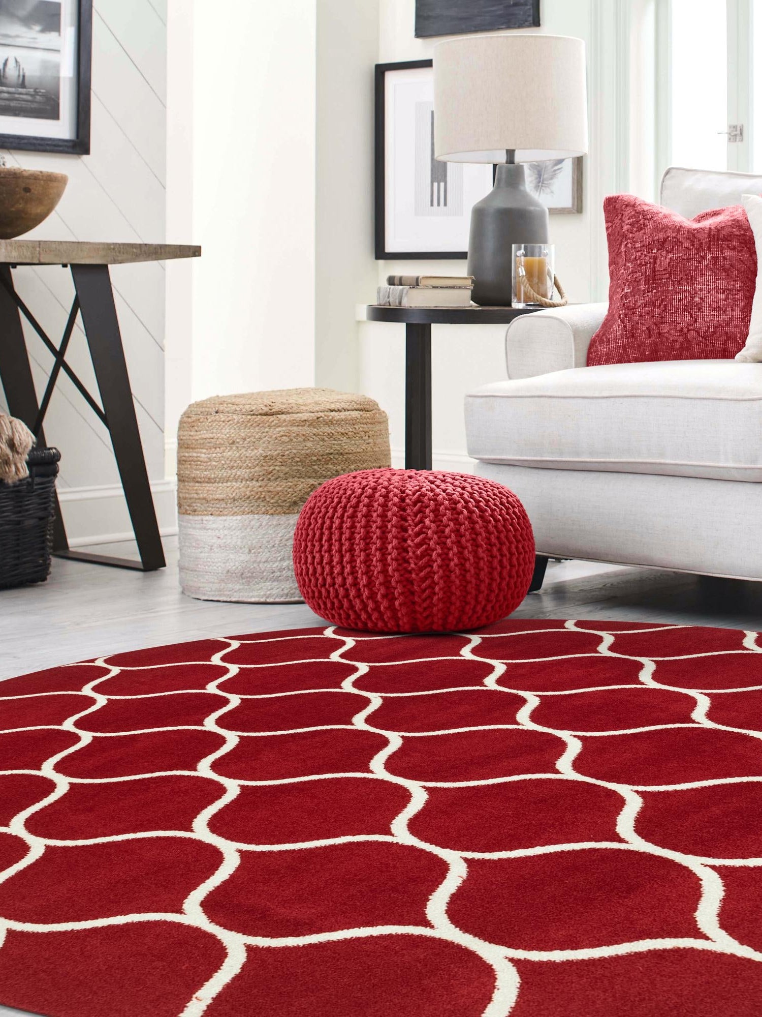 Red 4' 1 x 4' 1 Trellis Frieze Round Area Rug Geometric Modern Unique Stain Resistant Easy Clean Carpet for Living, Dining, Bedrooms, Office for Sale at Rug Engine