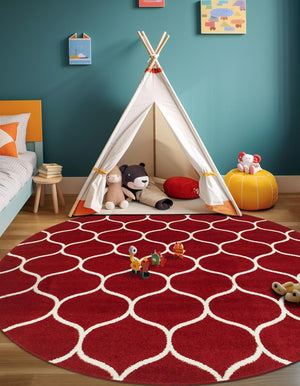 Red 7' 10 x 7' 10 Trellis Frieze Round Area Rug Geometric Modern Unique Stain Resistant Easy Clean Carpet for Living, Dining, Bedrooms, Office for Sale at Rug Engine