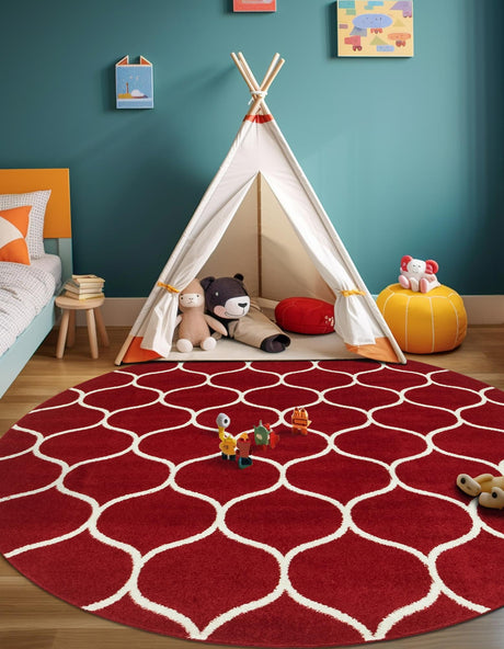 Red 7' 10 x 7' 10 Trellis Frieze Round Area Rug Geometric Modern Unique Stain Resistant Easy Clean Carpet for Living, Dining, Bedrooms, Office for Sale at Rug Engine