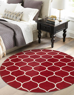 Red 7' 10 x 7' 10 Trellis Frieze Round Area Rug Geometric Modern Unique Stain Resistant Easy Clean Carpet for Living, Dining, Bedrooms, Office for Sale at Rug Engine