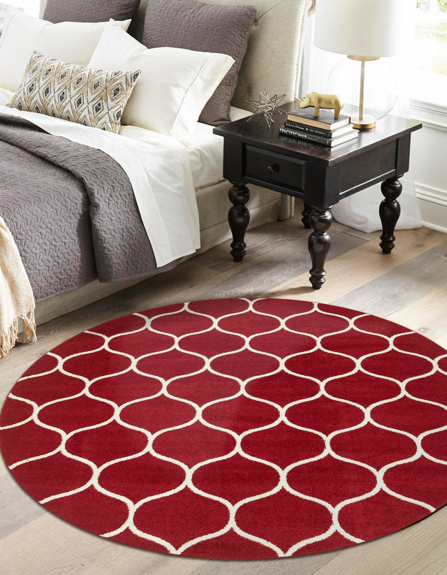 Red 7' 10 x 7' 10 Trellis Frieze Round Area Rug Geometric Modern Unique Stain Resistant Easy Clean Carpet for Living, Dining, Bedrooms, Office for Sale at Rug Engine