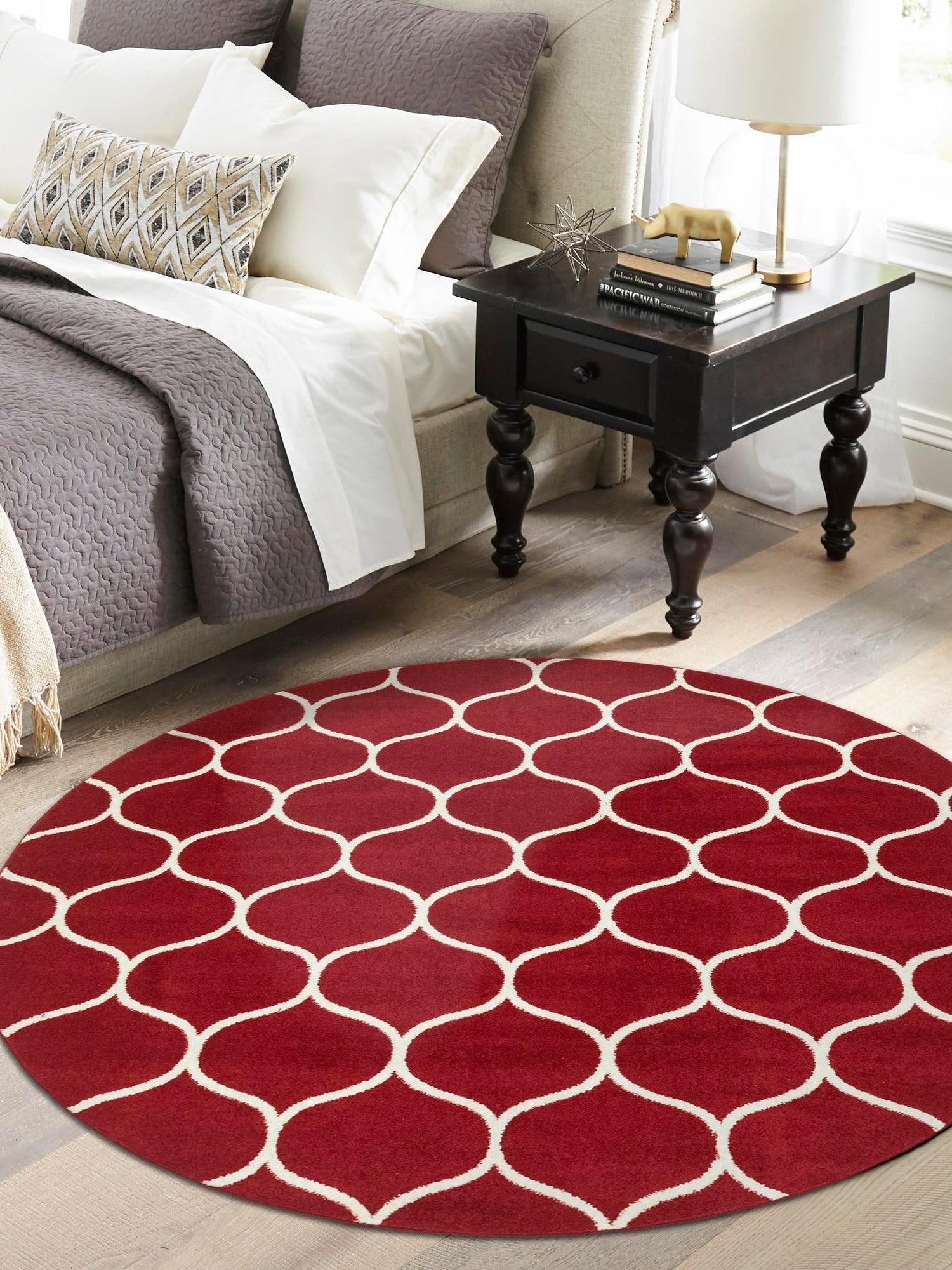 Red 4' 1 x 4' 1 Trellis Frieze Round Area Rug Geometric Modern Unique Stain Resistant Easy Clean Carpet for Living, Dining, Bedrooms, Office for Sale at Rug Engine