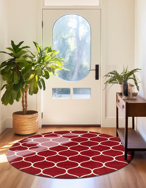 Red 4' 1 x 4' 1 Trellis Frieze Round Area Rug Geometric Modern Unique Stain Resistant Easy Clean Carpet for Living, Dining, Bedrooms, Office for Sale at Rug Engine